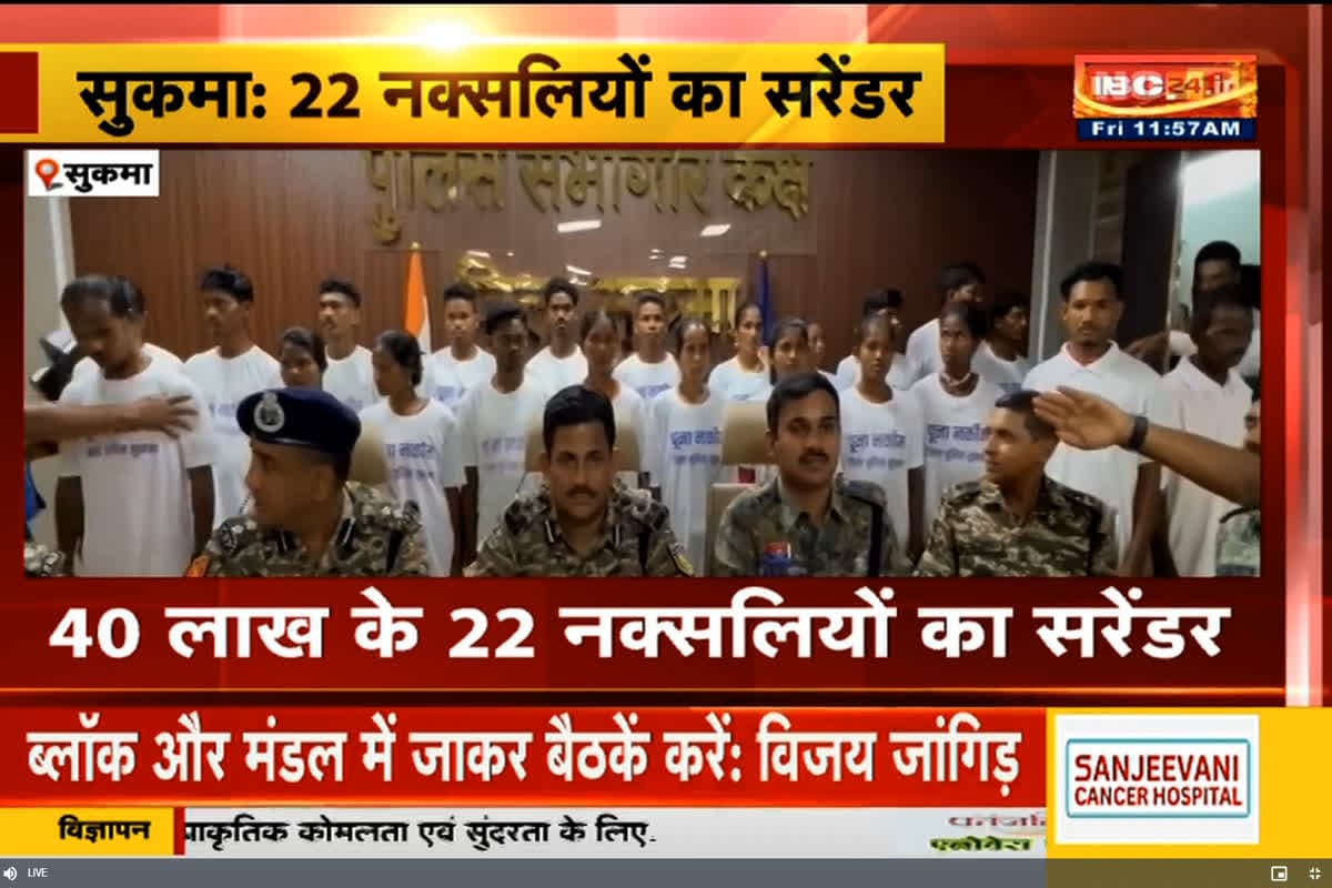 Sukma Naxali Surrender: नक्सली संगठन को बड़ा झटका! 40 लाख के इनामी 22 नक्सलियों ने किया सरेंडर, एक दंपति भी शामिल