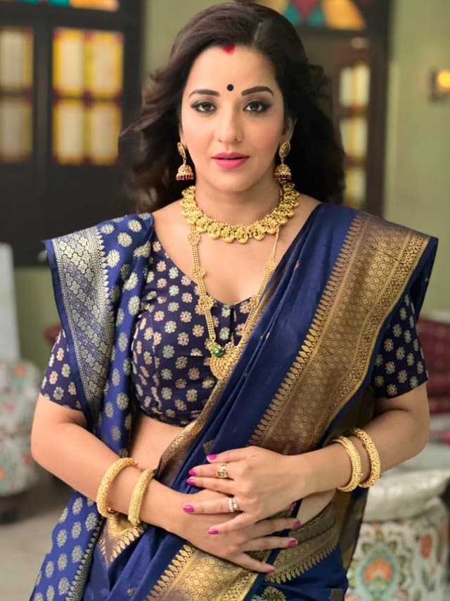 Monalisa Sexy Photos : ब्लू कलर की बनारसी साड़ी में बेहद ही हसीन लग रही हैं मोनालिसा, जमकर वायरल हो रही ये सेक्सी तस्वीरें