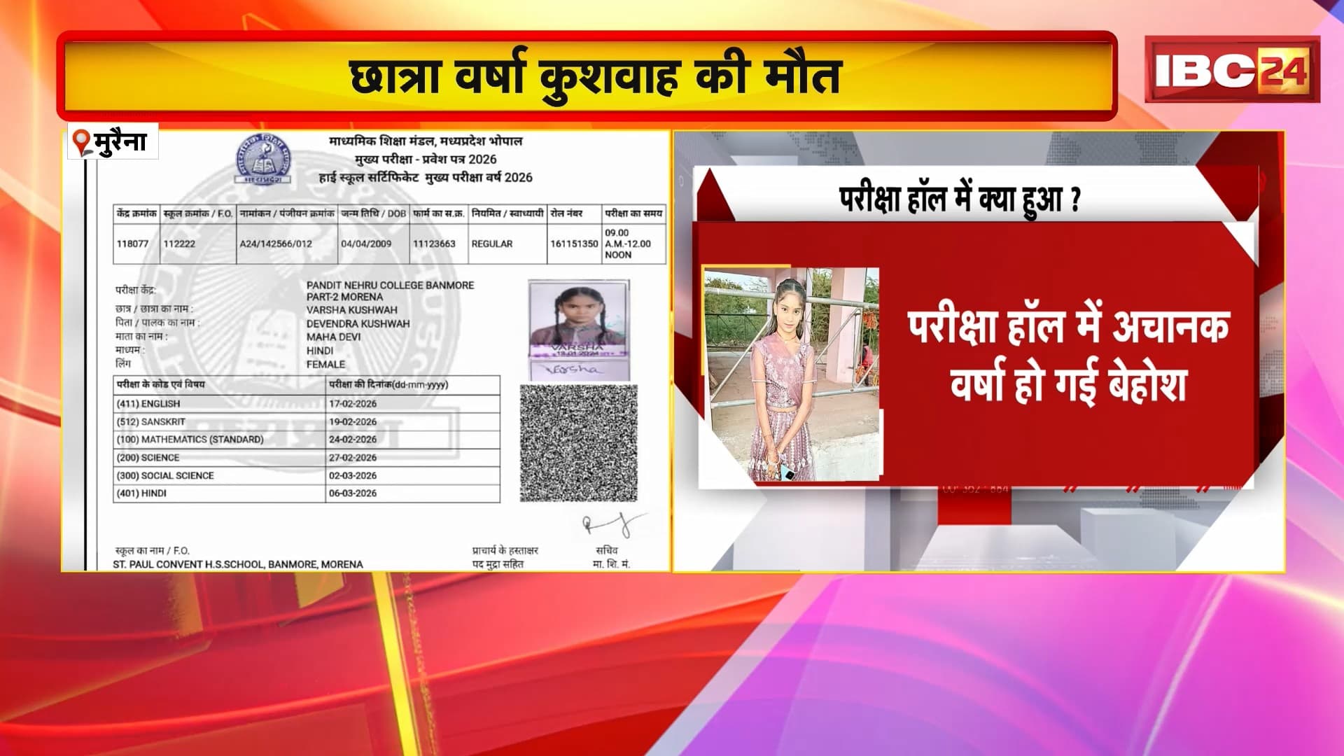 Morena : किताबों का बोझ या फेल होने का ‘डर’ | 10वीं की परीक्षा के दौरान छात्रा की मौत