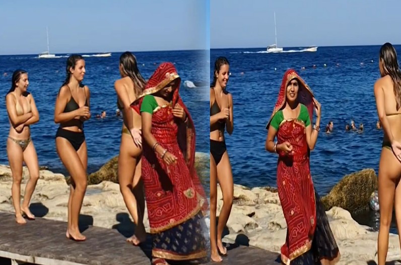 Rajasthani woman among bikini girls: à¤¬à¤¿à¤•à¤¨à¥€ à¤—à¤°à¥à¤²à¥à¤¸ à¤•à¥‡ à¤¬à¥€à¤š à¤ªà¤¹à¥à¤‚à¤šà¥€ à¤§à¥‹à¤²à¥€