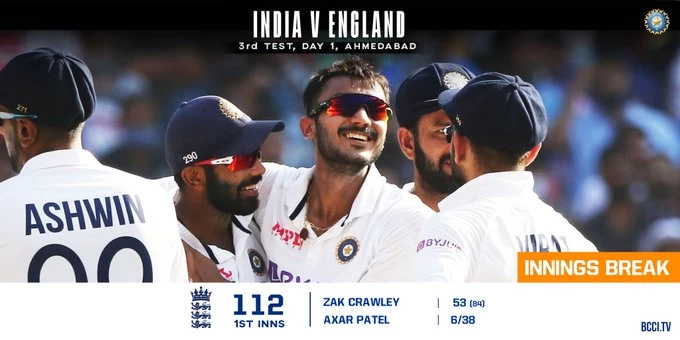 भारतीय स्पिनरों के आगे इंग्लैंड के बैट्समैन ने किया सरेंडर, 112 रन पर हुए ढेर, अक्षर पटेल ने लिए 6 विकेट